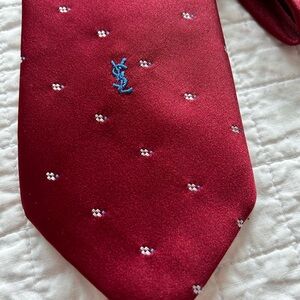 Vintage Yves Saint Laurent YSL Red Silk Tie with Blue Logo and White Motif